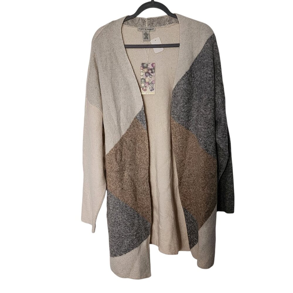 176. Poppy & Whimsy Women's White Grey Open Front Sweater